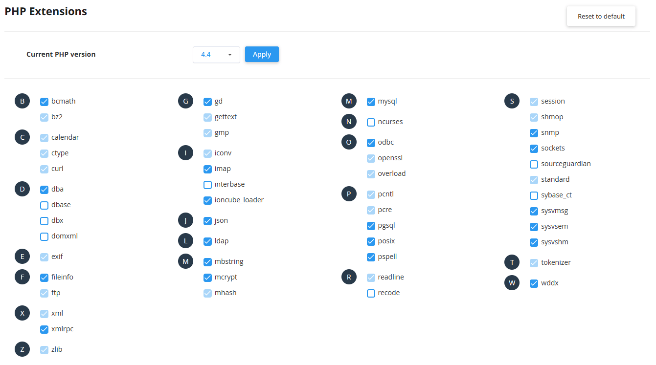 Available PHP 4.4 extensions in the cPanel PHP Selector