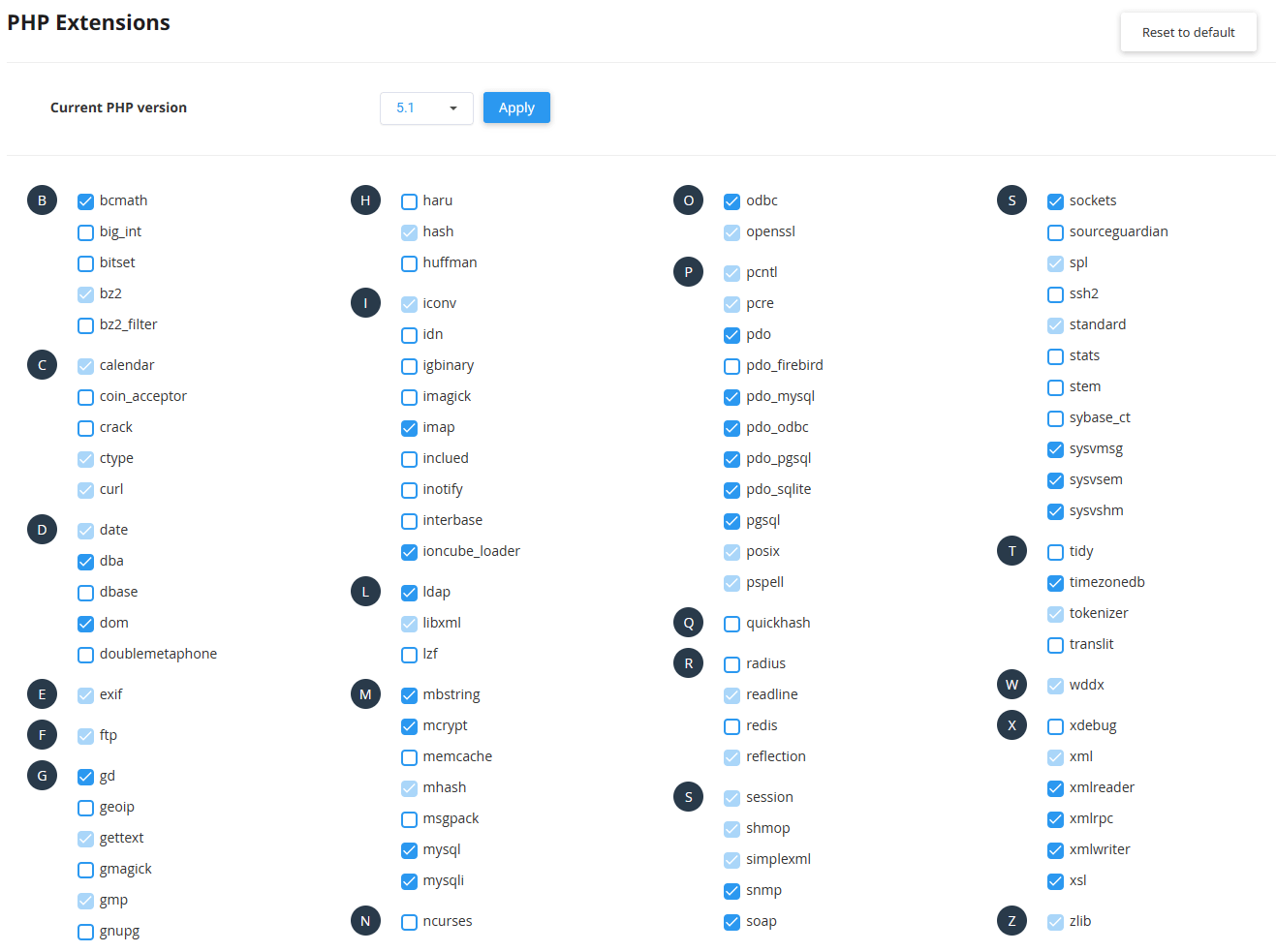 Available PHP 5.1 extensions in the cPanel PHP Selector