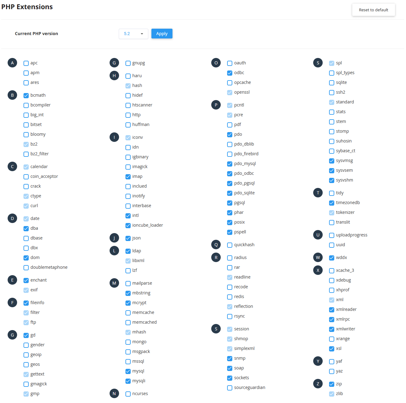 Available PHP 5.2 extensions in the cPanel PHP Selector