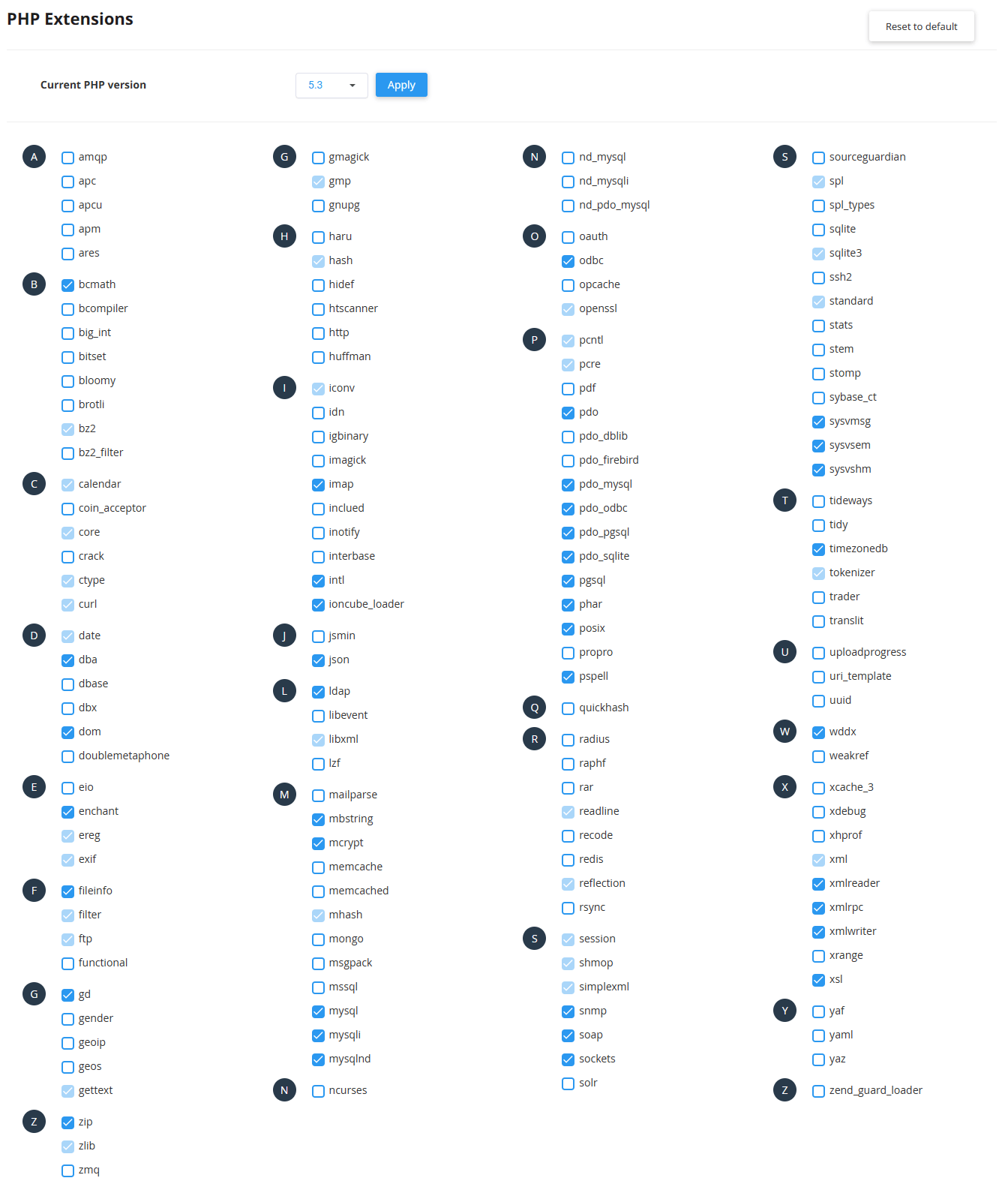 Available PHP 5.3 extensions in the cPanel PHP Selector