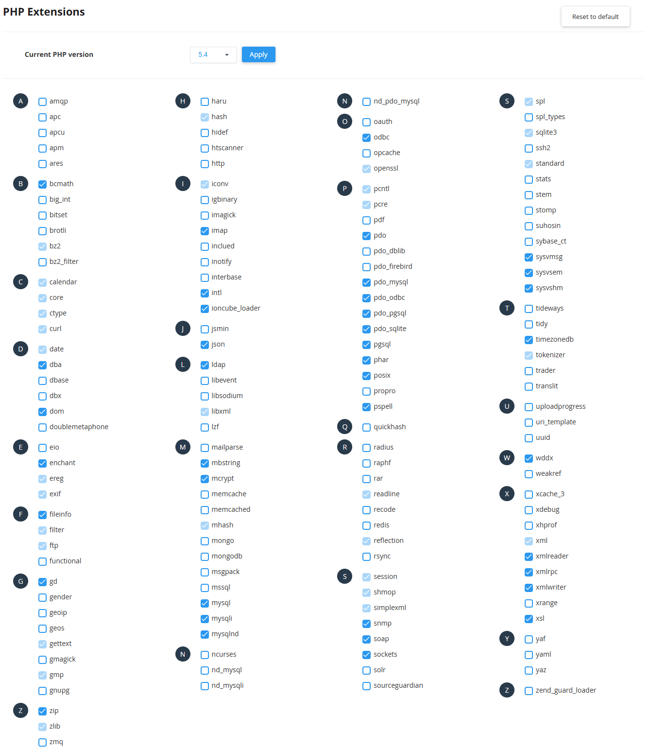 Available PHP 5.4 extensions in the cPanel PHP Selector