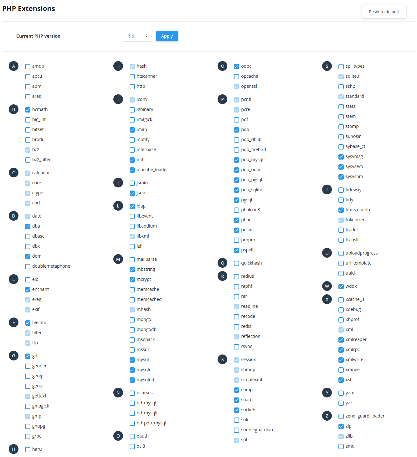 Available PHP 5.6 extensions in the cPanel PHP Selector