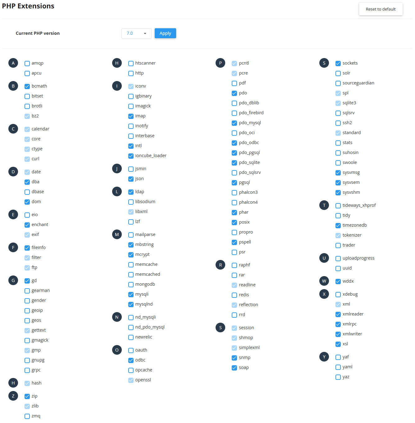 Available PHP 7.0 extensions in the cPanel PHP Selector