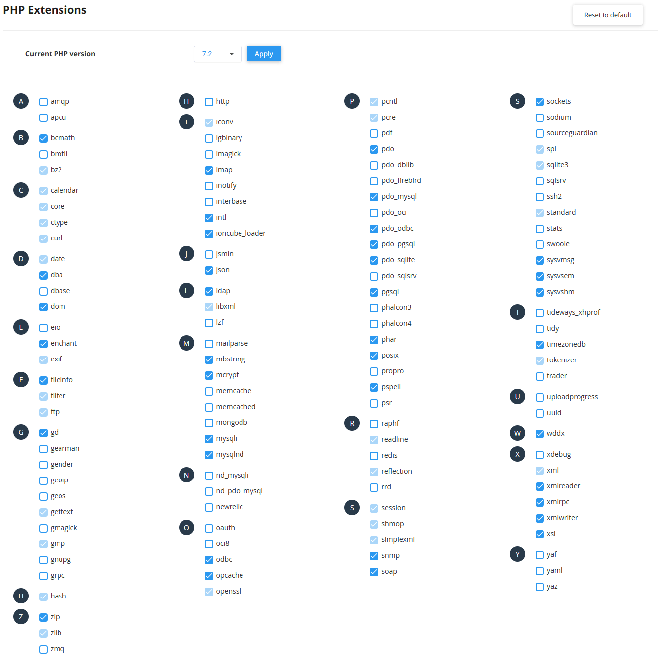 Available PHP 7.2 extensions in the cPanel PHP Selector