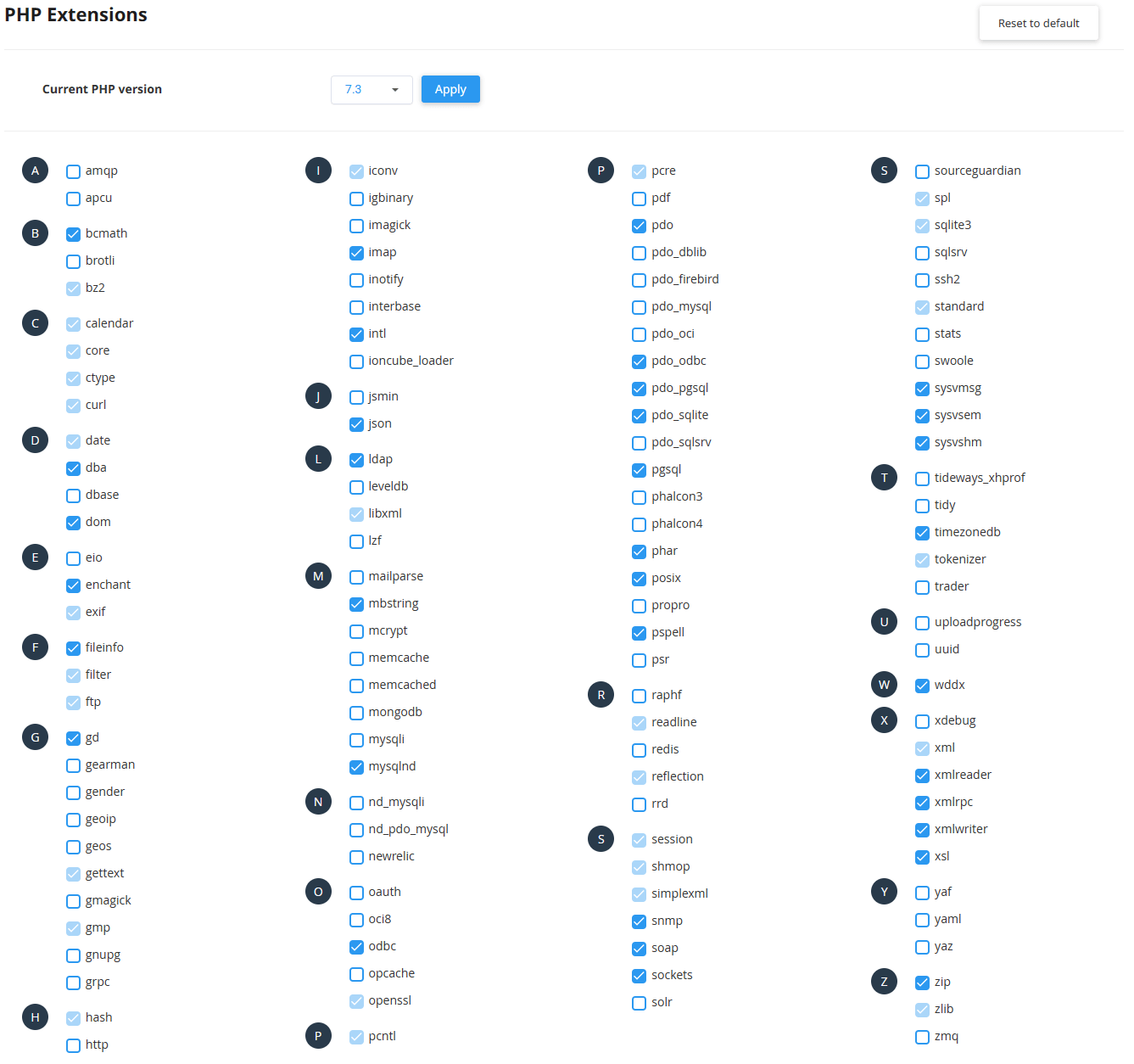 Available PHP 7.3 extensions in the cPanel PHP Selector
