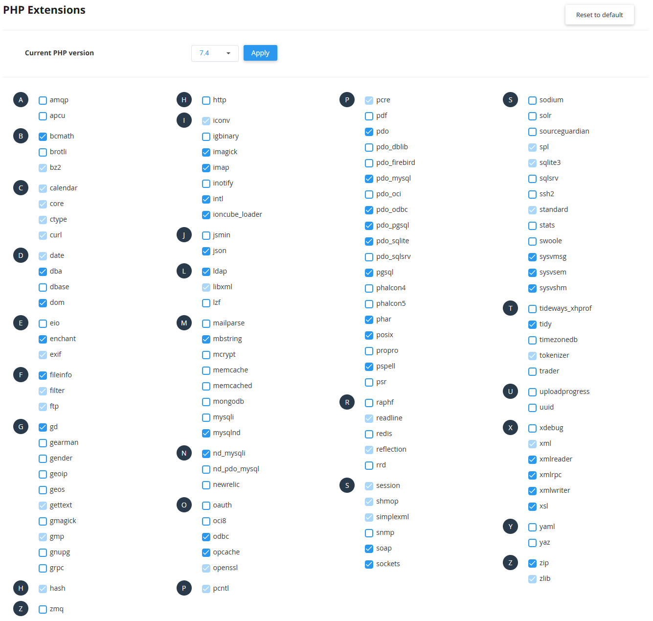 Available PHP 7.4 extensions in the cPanel PHP Selector