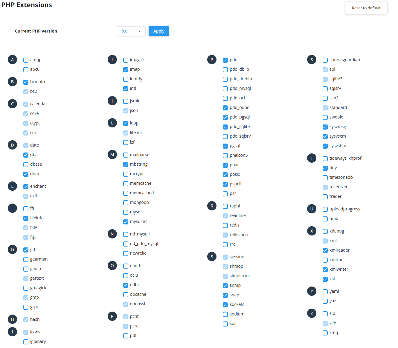Available PHP 8.0 extensions in the cPanel PHP Selector