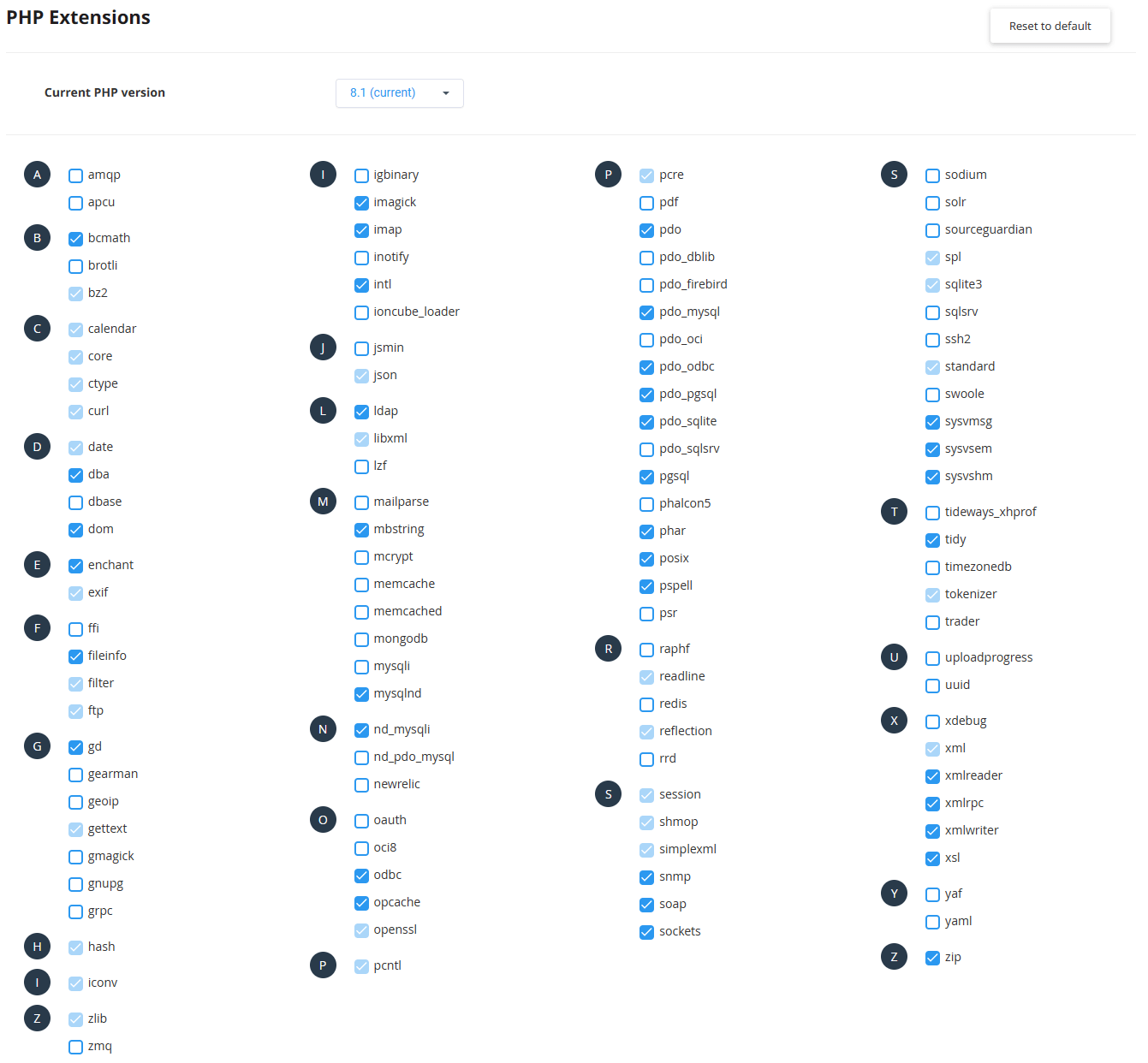 Available PHP 8.1 extensions in the cPanel PHP Selector