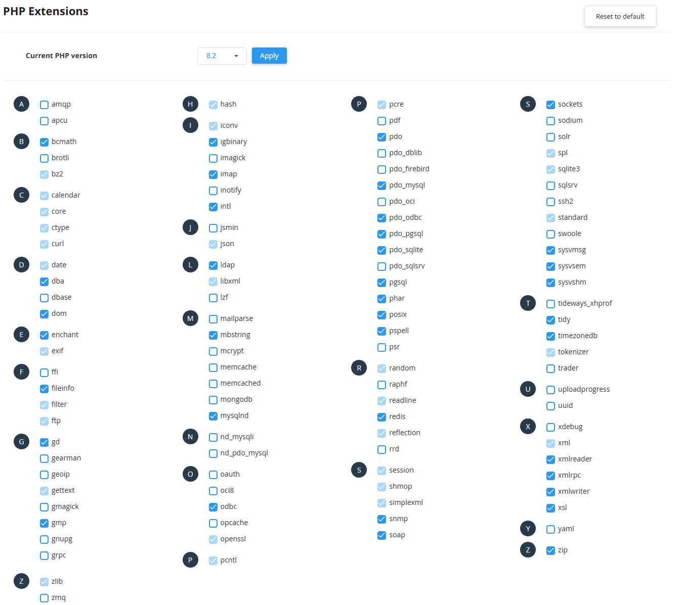 Available PHP 8.2 extensions in the cPanel PHP Selector
